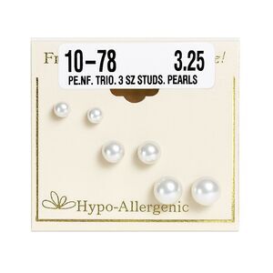 Set of 3 Faux Pearl Stud Post Earrings Silver Tone Metal 3 Sizes Nickel Free NEW